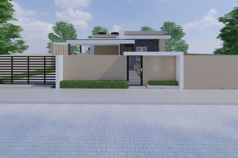 Fachada frontal contemporânea de moradia térrea com muro de vedação e portões modernos