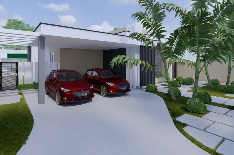Vista angular da fachada moderna com garagem para dois carros e palmeiras tropicais