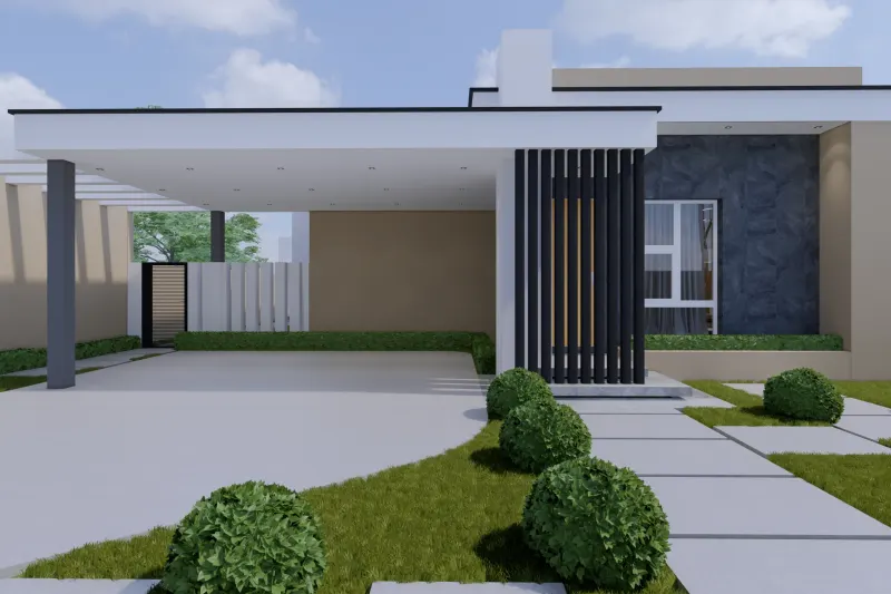 Fachada frontal de moradia térrea moderna com garagem coberta e jardim com pedras