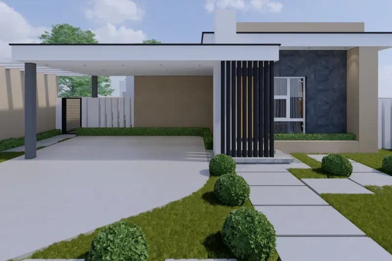 Fachada principal contemporânea com garagem integrada, ripado vertical e caminho pedonal