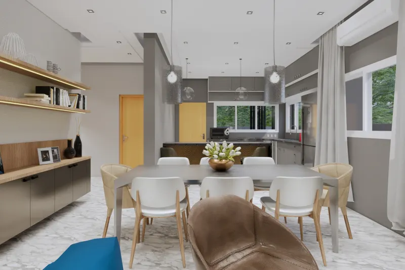 Sala de jantar contemporânea em espaço aberto integrada com a cozinha