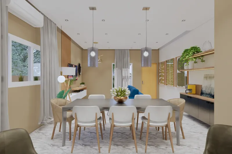 Sala de jantar integrada moderna com mesa de oito lugares e candeeiros suspensos