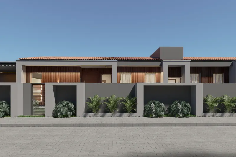 Alçado frontal da vedação exterior com nichos paisagísticos e fachada ao fundo
