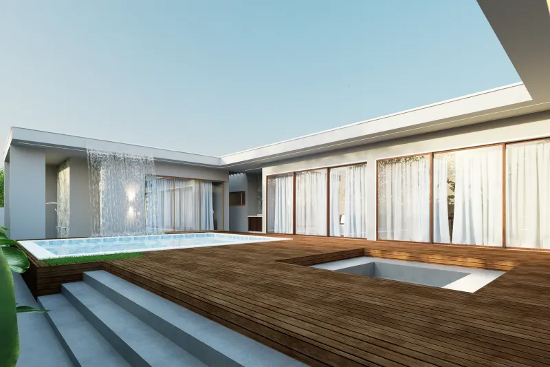 Área de lazer exterior com deck de madeira, piscina e zona de estar rebaixada.