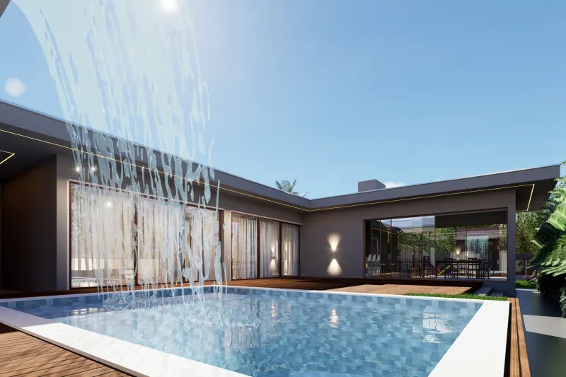 Piscina privativa com cascata de água e deck de madeira nas traseiras.