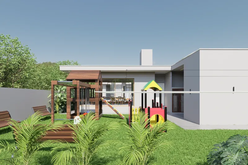 Área de lazer exterior e jardim com parque infantil de madeira e plástico