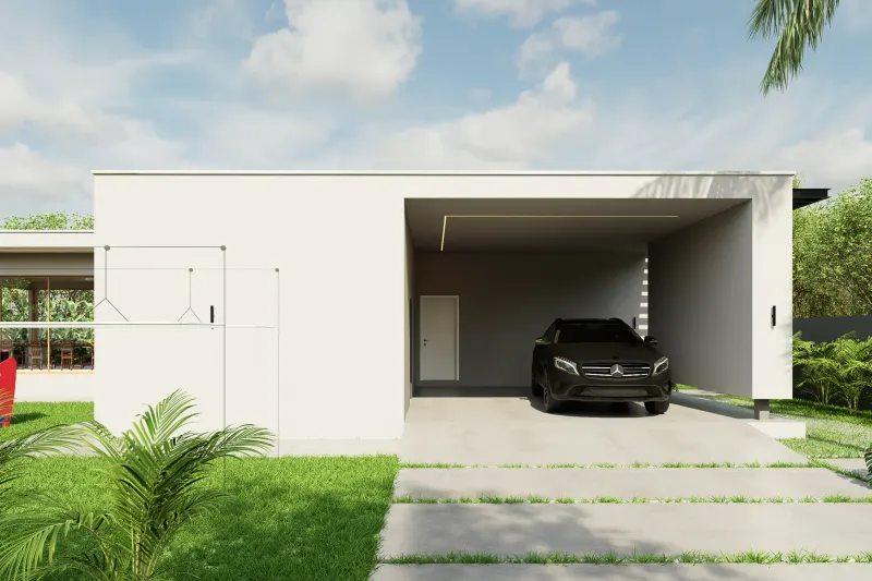 Garagem coberta contemporânea com automóvel e iluminação linear embutida no teto