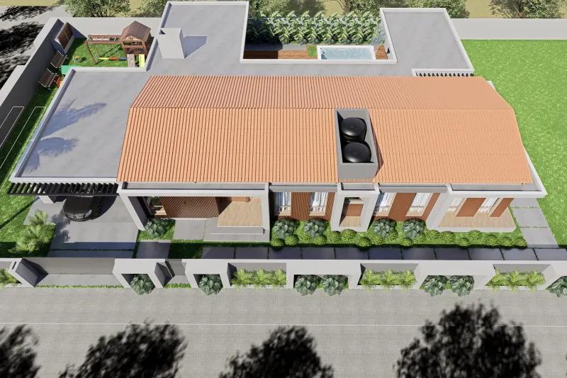 Planta aérea da residência com cobertura em telha, piscina privativa e garagem com carro