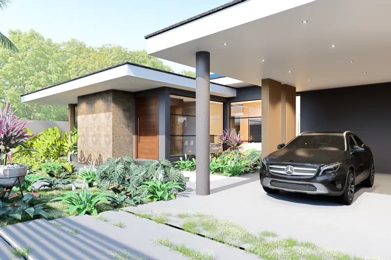 Fachada principal com garagem coberta, entrada moderna e jardim paisagístico
