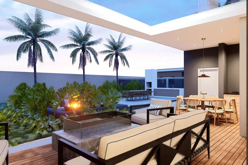 Terraço exterior ao entardecer com iluminação quente, lareira e vista do jardim