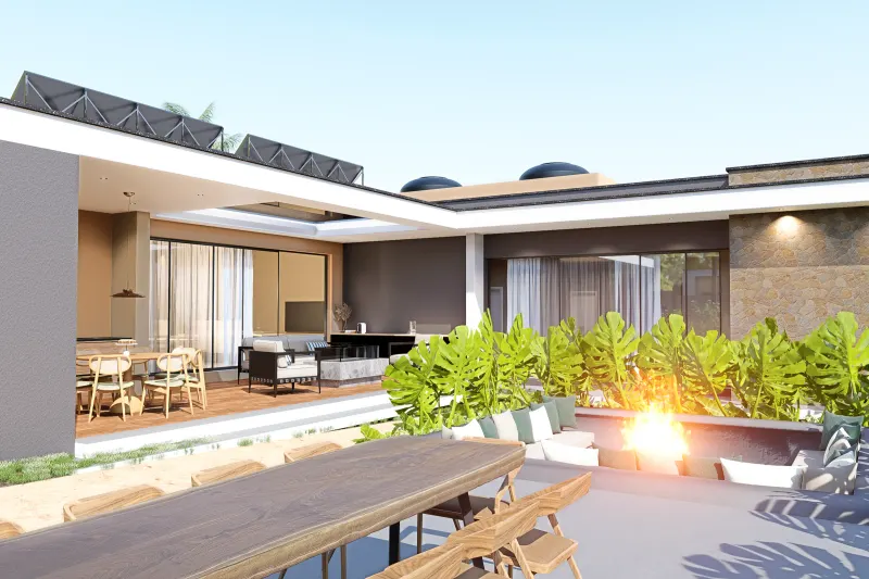 Terraço gourmet com ampla mesa de refeições em madeira e sala exterior.