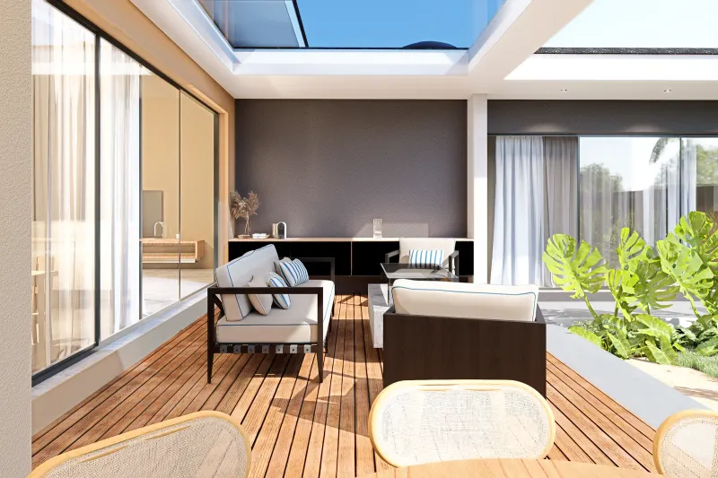 Terraço coberto com deck em madeira, mobiliário lounge moderno e clarabóia