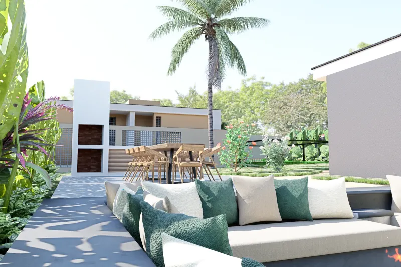 Lounge exterior rebaixado com sofás e mesa de refeições no pátio ajardinado