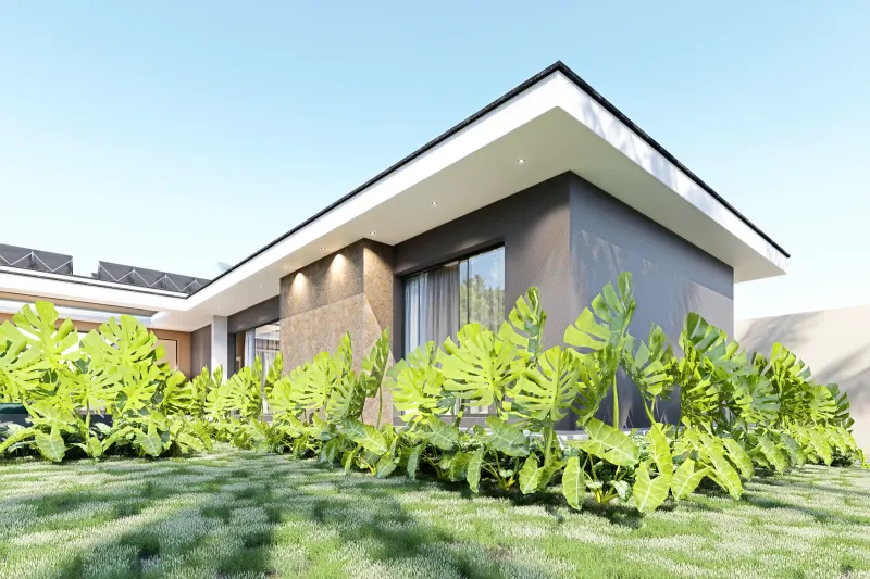 Fachada posterior da residência de dia com vegetação tropical em primeiro plano