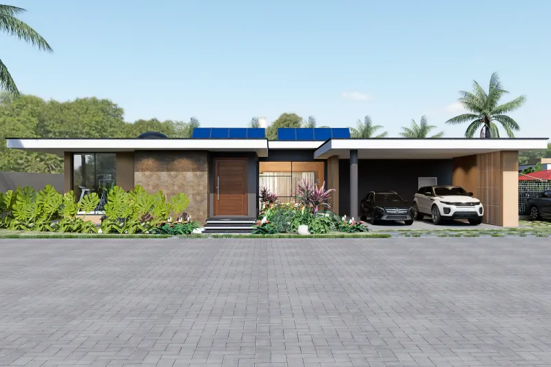 Fachada frontal de moradia contemporânea durante o dia com garagem dupla