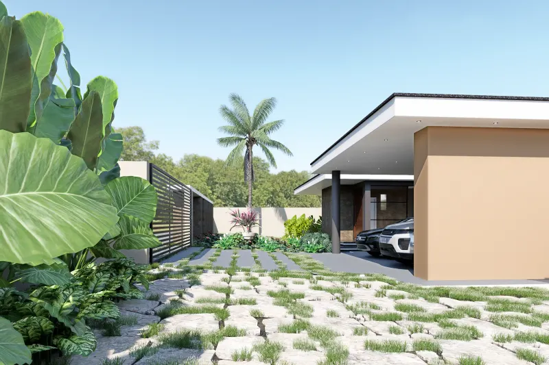 Pátio exterior com paisagismo tropical, palmeira e acesso pedonal em lajes