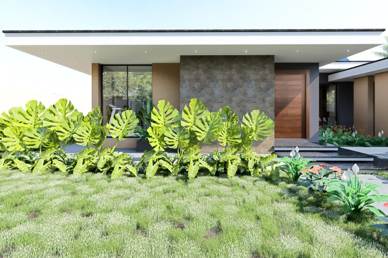 Plano próximo da fachada com jardim frontal e vista para ginásio envidraçado