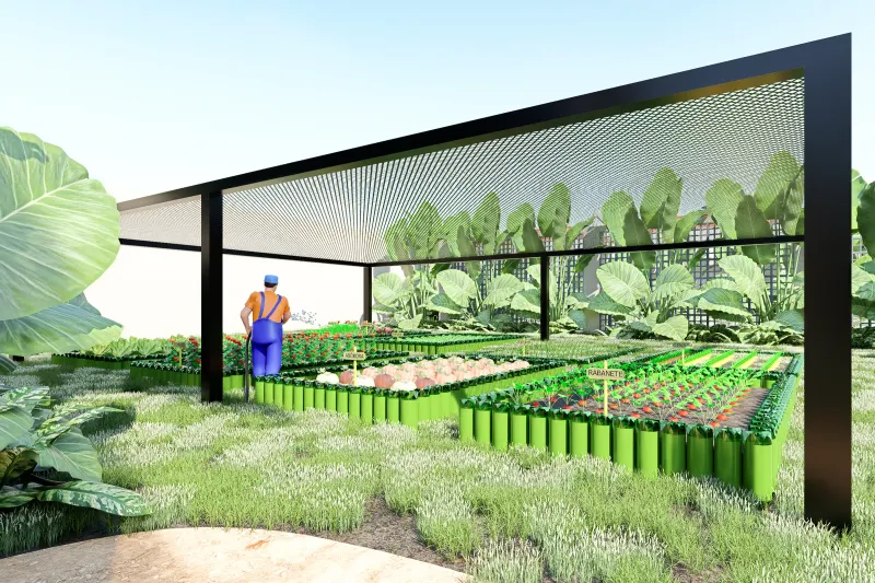 Estrutura de sombreamento para cultivo de hortícolas em canteiros elevados.