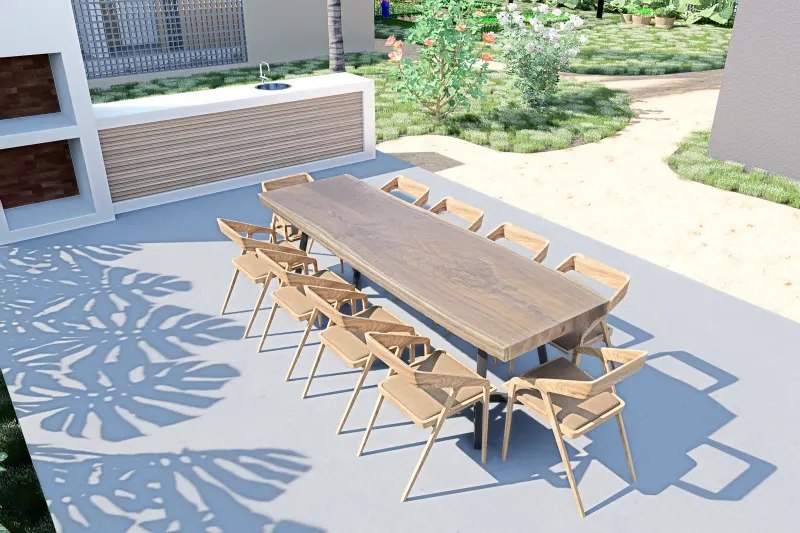Mesa de jantar exterior em madeira com cadeiras no pátio ao ar livre