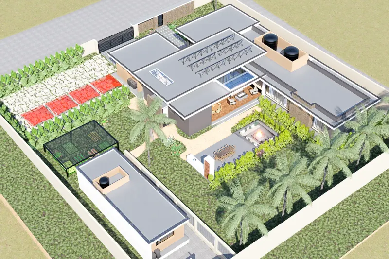 Vista aérea isométrica da moradia moderna com jardim, anexos e cobertura