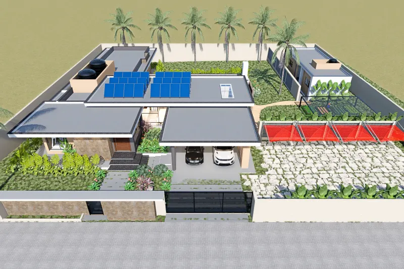 Vista aérea de conjunto de todo o lote residencial murado com jardim
