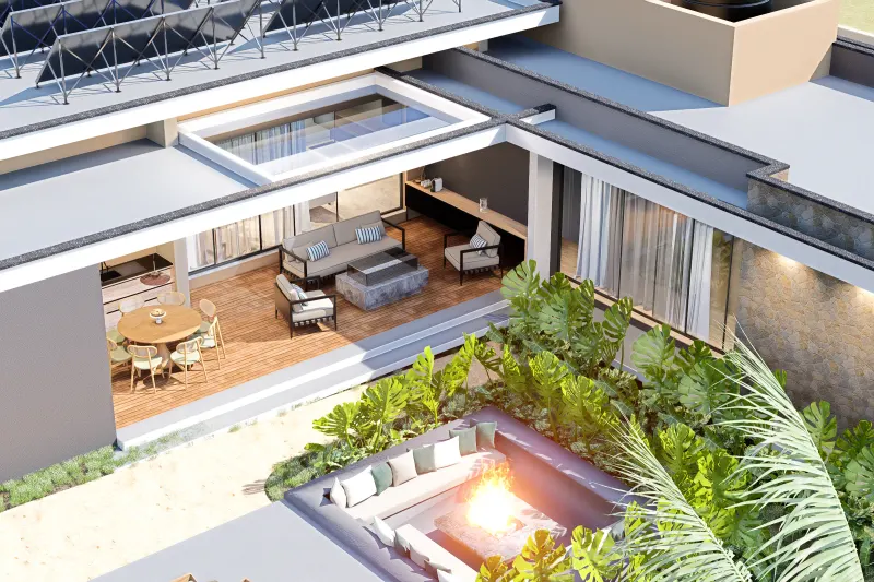 Pátio exterior contemporâneo com zona de refeições coberta e lareira integrada.