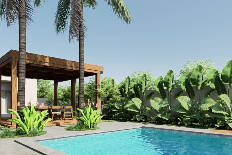 Piscina e pérgula de madeira para refeições rodeadas por vegetação tropical exuberante.