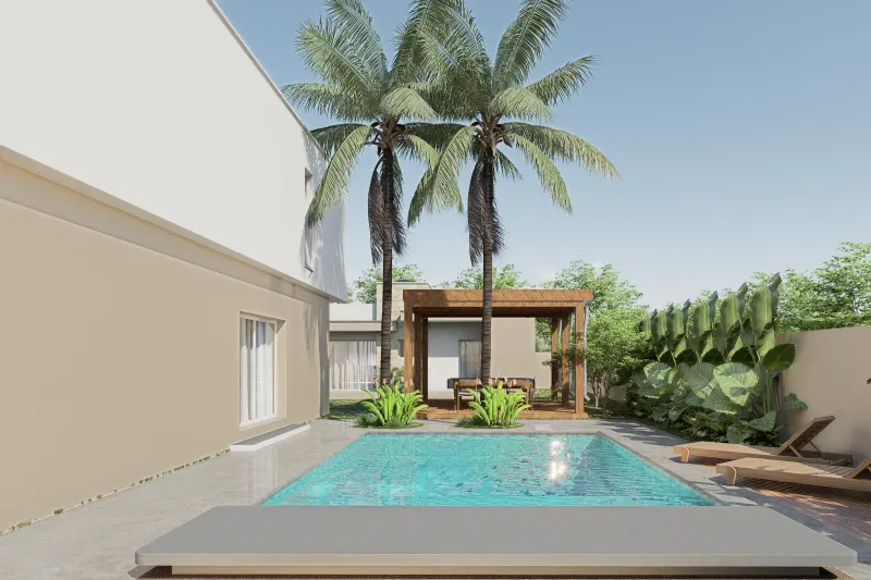 Área de lazer exterior com piscina, pérgula de madeira e palmeiras
