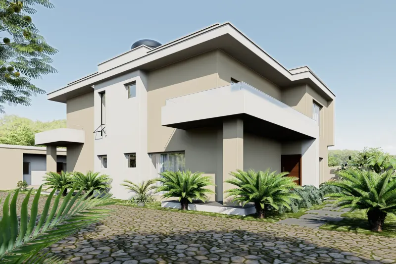 Fachada contemporânea da moradia de dois pisos com varanda e jardim frontal