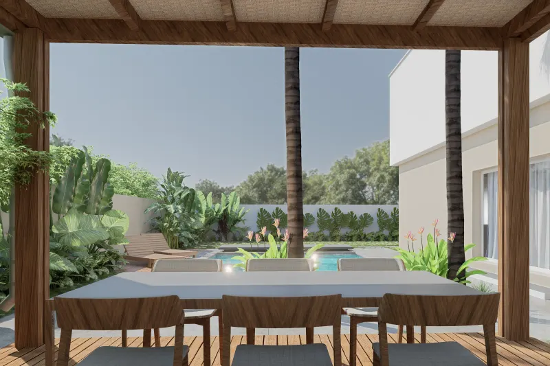 Mesa de refeições sob a pérgula com vista para a piscina