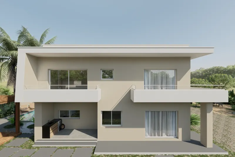 Fachada posterior de moradia contemporânea com varandas e bancada exterior de apoio