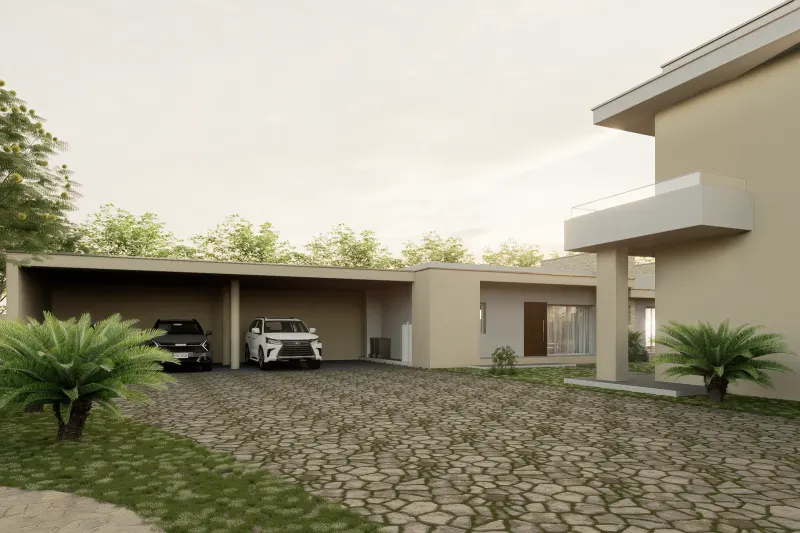 Garagem coberta para viaturas com pátio pavimentado e habitação em fundo