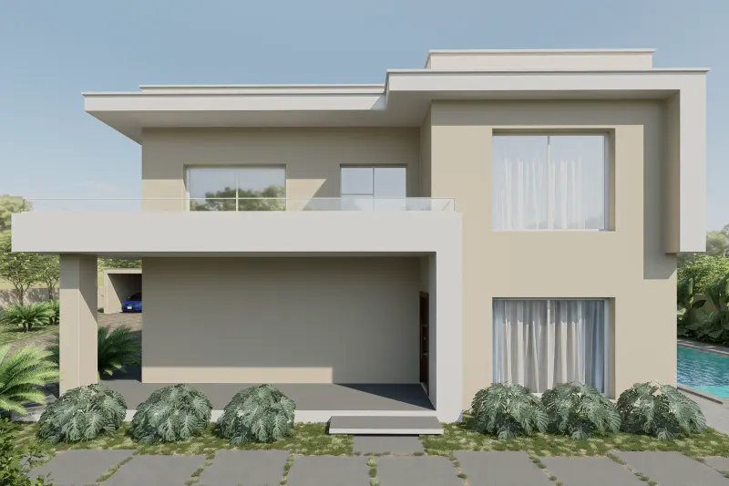 Fachada frontal de moradia moderna de dois pisos com varanda e jardim
