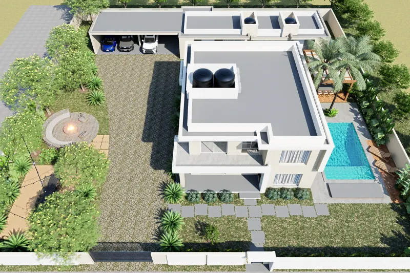 Vista aérea geral da moradia com piscina, jardim, pérgula e garagem