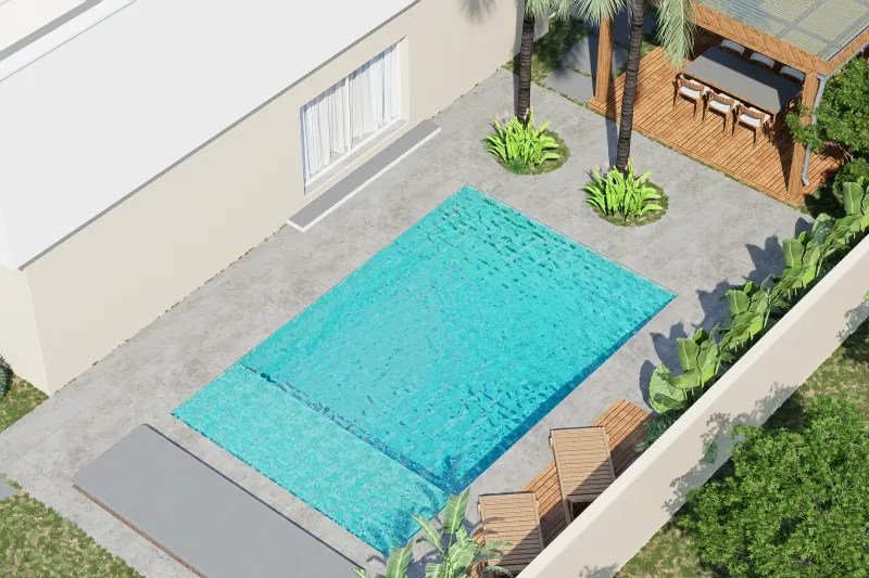 Plano aéreo zenital da piscina privativa com espreguiçadeiras e jardim