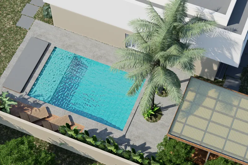Vista superior da piscina ladeada por palmeira e cobertura da pérgula
