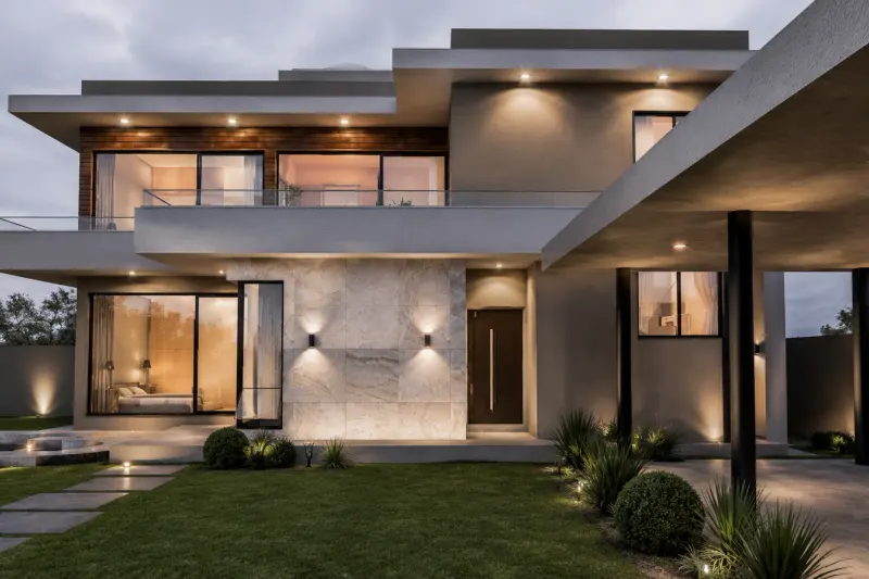 Vista frontal noturna de residência moderna iluminada com garagem coberta e relvado