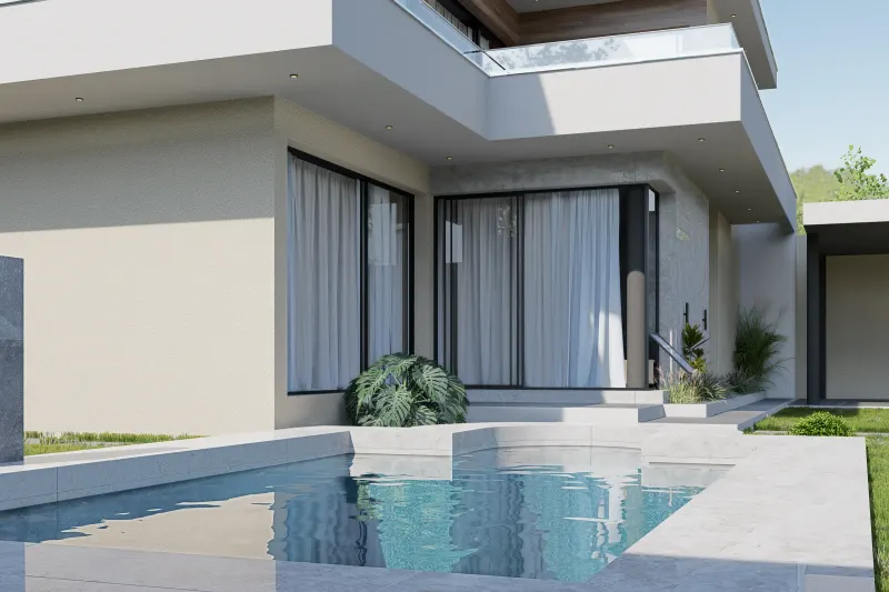 Piscina em primeiro plano junto à fachada posterior de moradia contemporânea com varanda.