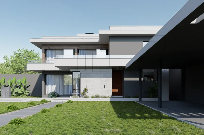 Fachada contemporânea em render diurno com linhas técnicas de grelha sobrepostas
