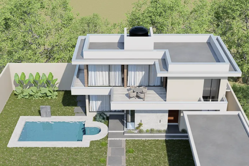Vista aérea frontal diurna da moradia contemporânea com piscina e terraço superior