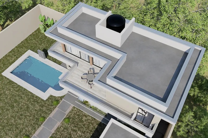Perspetiva aérea diurna destacando piscina, terraço do primeiro piso e arranjo exterior