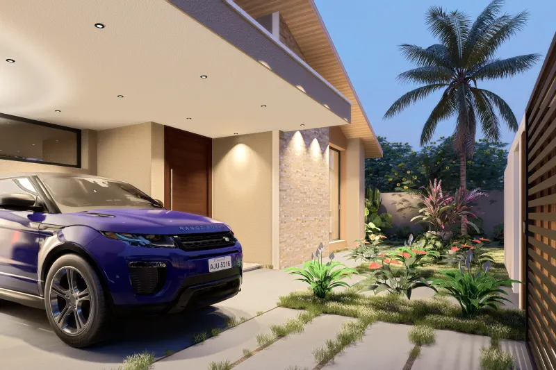 Garagem coberta e entrada iluminada à noite com viatura e jardim paisagístico