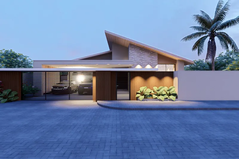 Fachada contemporânea iluminada ao anoitecer com portão de ripas e cobertura inclinada
