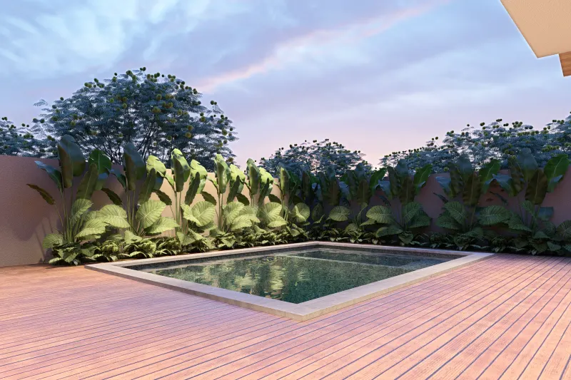 Piscina e deck de madeira ao pôr do sol com reflexos crepusculares