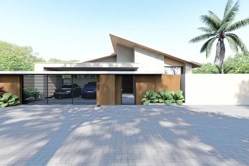 Fachada principal contemporânea com portão ripado de madeira e garagem coberta
