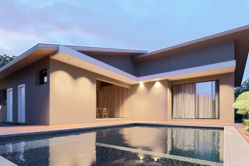 Fachada posterior e piscina iluminada ao entardecer com deck de madeira