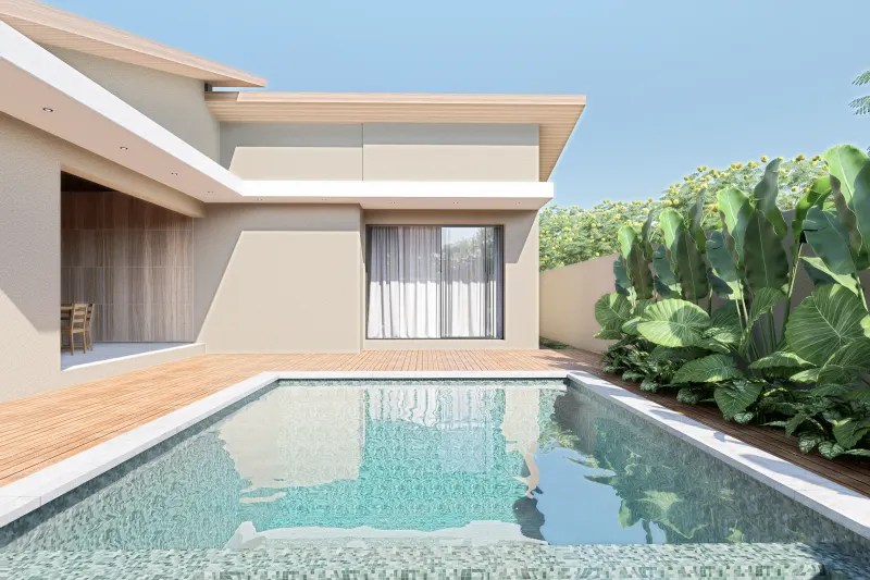 Piscina exterior privativa com deck de madeira e vegetação tropical envolvente
