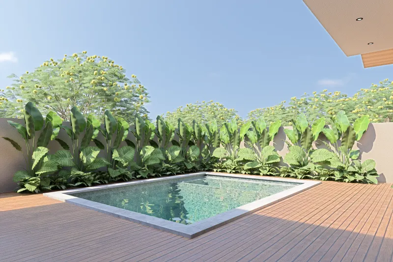 Piscina retangular integrada em deck de madeira com cortina de vegetação tropical