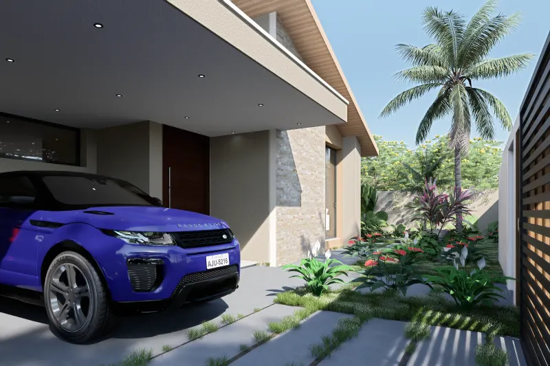 Garagem exterior e acesso pedonal diurno com jardim florido e palmeira