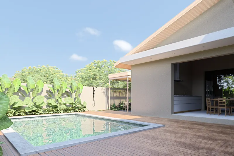 Piscina e deck exterior integrados com a área social da moradia